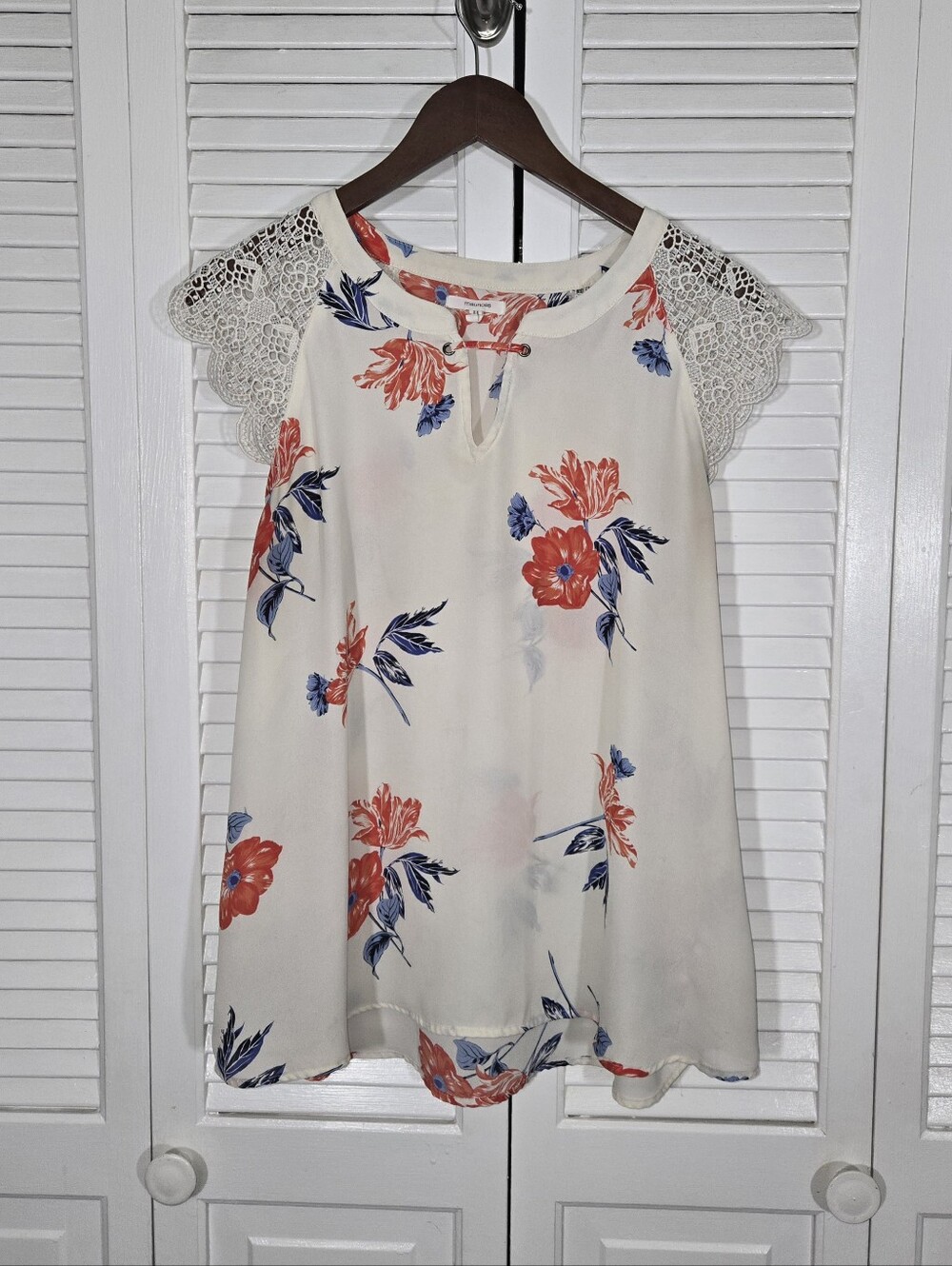 Maurices Floral Print Lace Cap Sleeveless V Neck Orange Blue Blouse Sz XL
